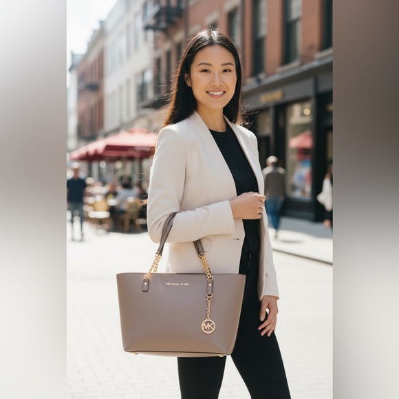 Michael Kors Taupe Tote with Gold Accents - Picture 1 of 16